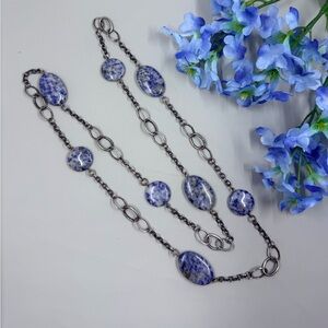 Genuine Lapis Lazuli Stone Bead Long Vintage Geometric Design Necklace